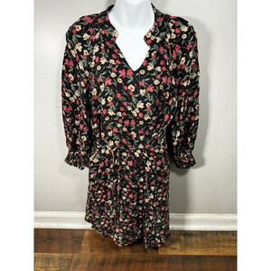 Draper James Black Floral Knit Kacey Dress Midi Tie Neck Short Sleeve Sz S